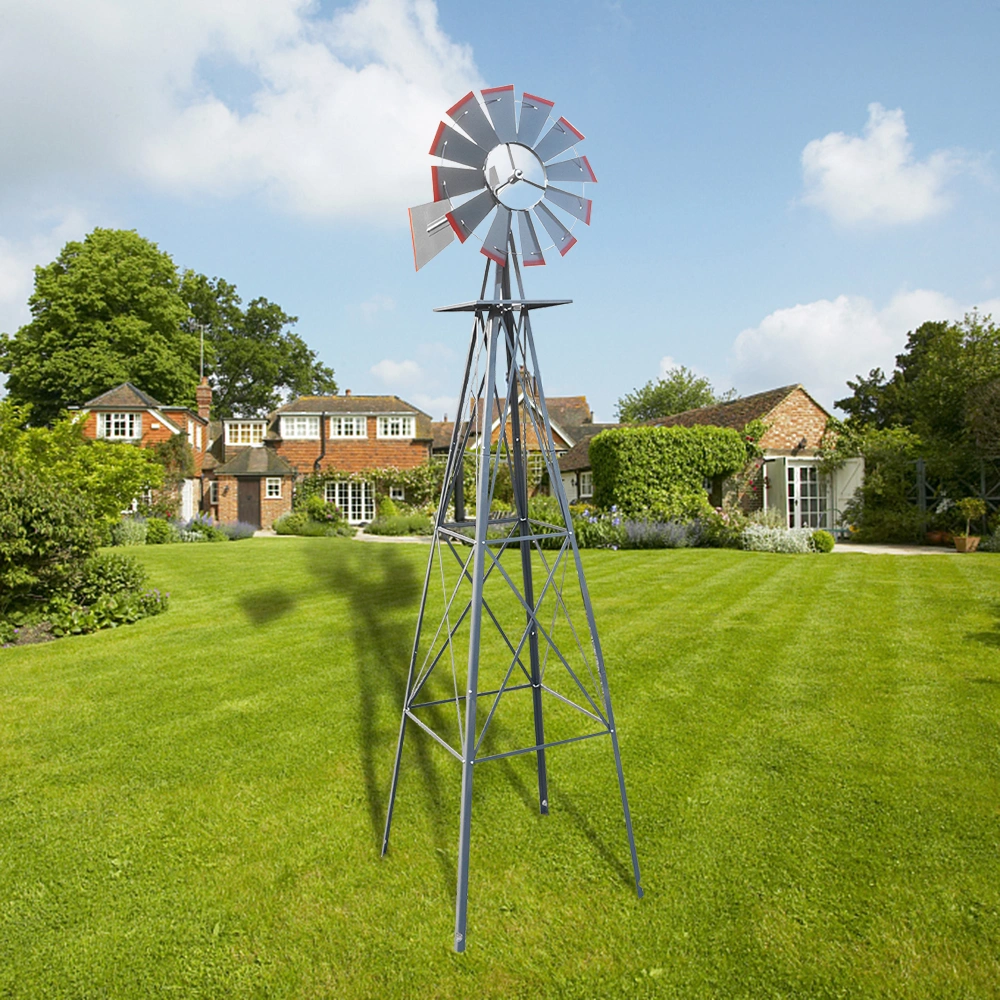 8FT Outdoor Garden Windmill - Weather Resistant Yard Decor Gray & Red