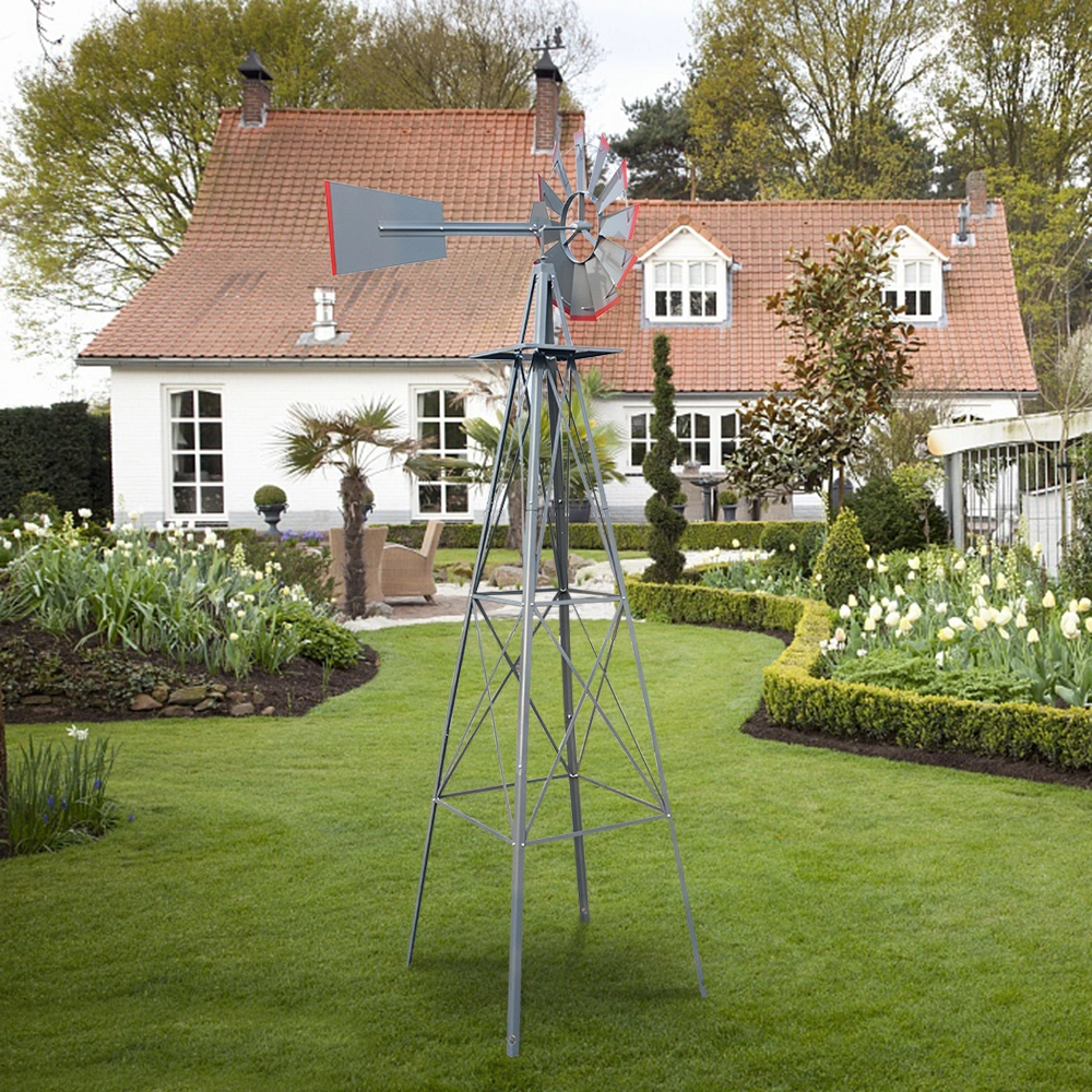 8FT Outdoor Garden Windmill - Weather Resistant Yard Decor Gray & Red view 20
