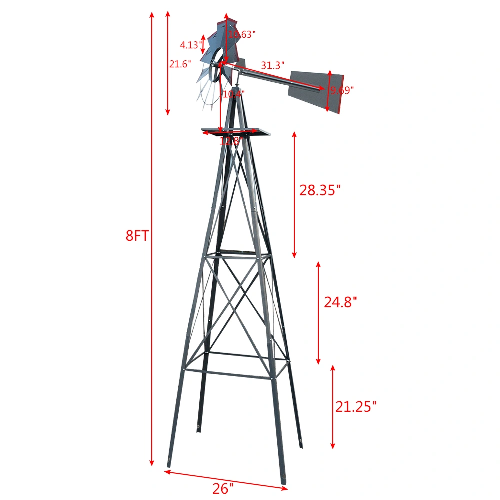 8FT Outdoor Garden Windmill - Weather Resistant Yard Decor Gray & Red view 9