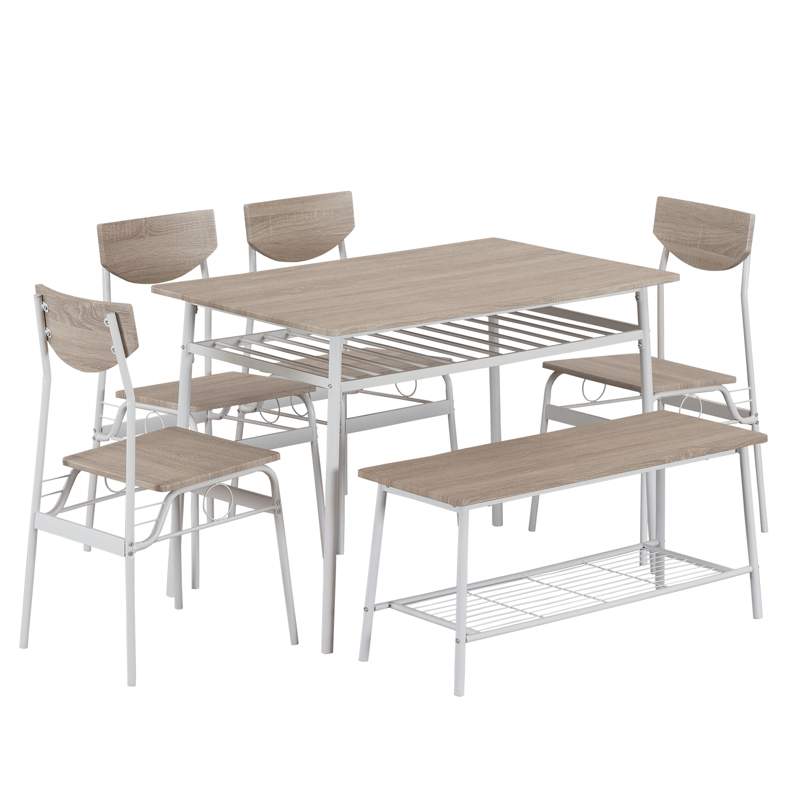 Modern 6-Piece Dining Set with Storage Racks, Rectangular Table, 4 Chairs & Bench, Steel Frame, White Oak