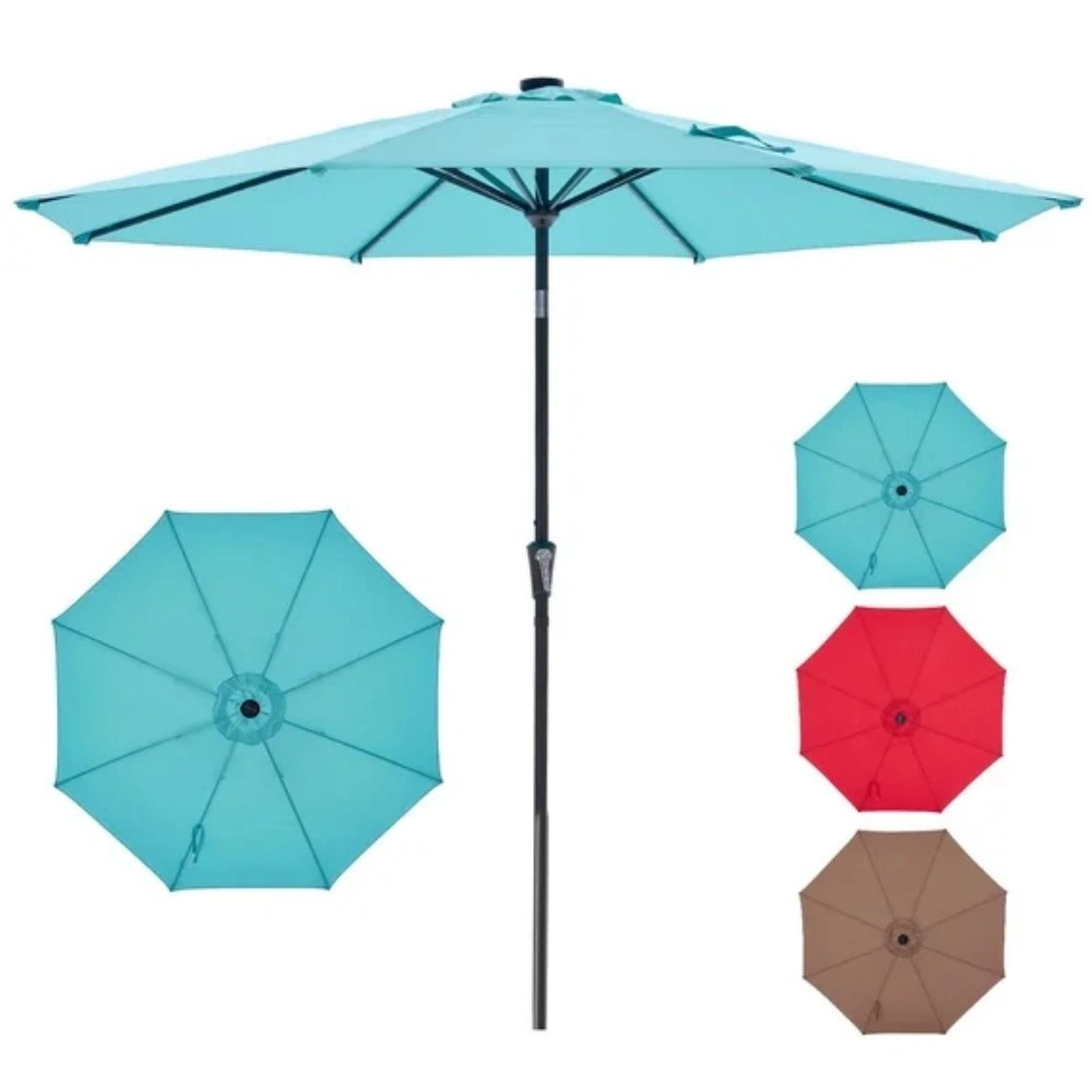 10ft Outdoor Patio Umbrella for Table, Solar Lights 32 LED Sun Umbrella, Lake Blue